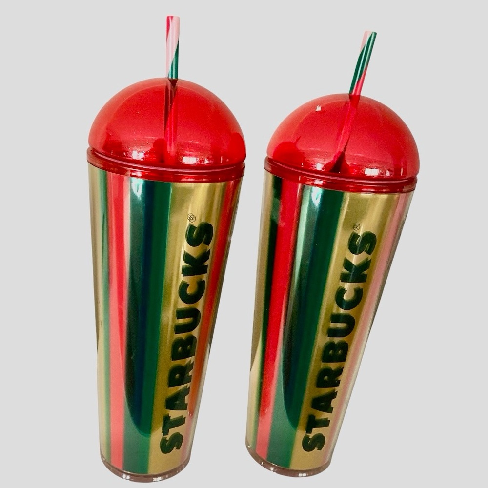 Starbucks 2024 Holiday Metallic Red, Green & Gold Stripe Cold Cup Dome Tumblers